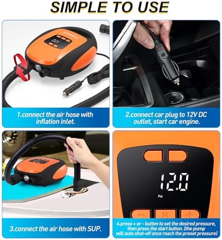 Paddle Board Pump Electric Portable, SUP Pump for Paddleboard, 20PSI Air Compressor with Auto-Off, Deflation Function and 12V DC Car Connector for Inflatables, Kayaks and Boats