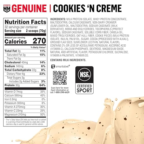 Muscle Milk Genuine Protein Powder, Cookies 'n Crème, 4.94 Pound, 32 Servings, 32g Protein, 2g Sugar, Calcium, Vitamins A, C & D, NSF Certified for Sport, Energizing Snack, Packaging May Vary