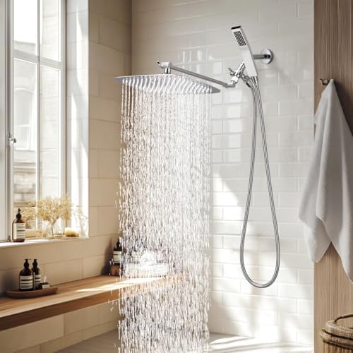 G-Promise All Metal 14 Inch Dual Shower Head with Handheld Combo, Rain Shower Head, Adjustable Extension Arm, Smooth 3-Way Diverter, 71 Inch Extra Long Hose - A Bathroom Upgrade (Chrome)