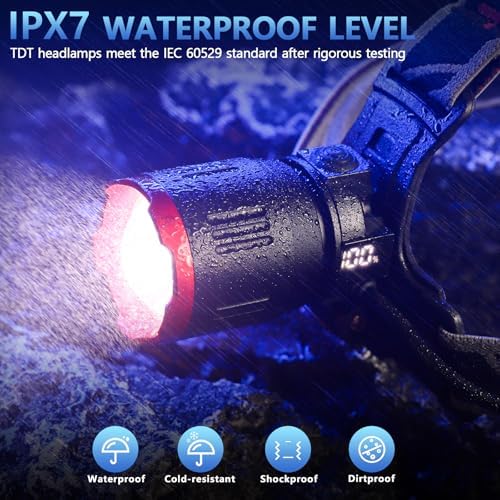 TDT 2000 LUMENS LED Rechargeable Head Lamps, Zoomable Headlamp with 6 Modes & IPX7 Waterproof, 120° Adjustable Head Lights for Forehead for Outdoor, Camping, Hard Hat, Running, Hunting