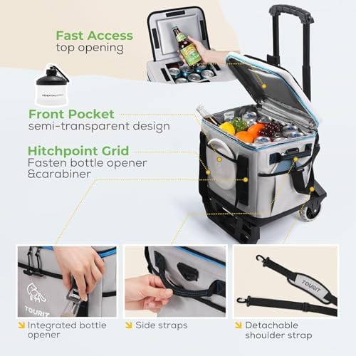 TOURIT Portable 50-Can Collapsible Rolling Soft Cooler with 29L Space & Reinforced All-Terrain Cart with Wheels Easy Transportation, Large Leakproof Travel Beach Ice Chest for Grocery Shopping