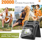 Solar Camping Fan with LED Lantern, 20000mAh Rechargeable Battery Powered with 10W Solar Panel and Emergency Power Bank, Quiet Battery Operated Tent Fan for Picnic, Barbecue, Fishing, Travel