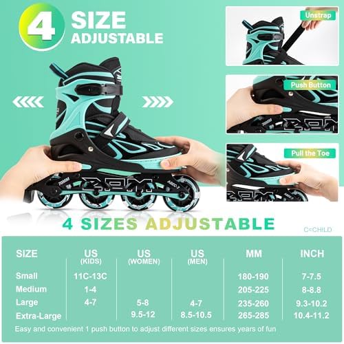 2PM SPORTS Vinal Girls Adjustable Flashing Inline Skates, All Wheels Light Up, Fun Illuminating Skates for Kids Men Adult Women and Boys