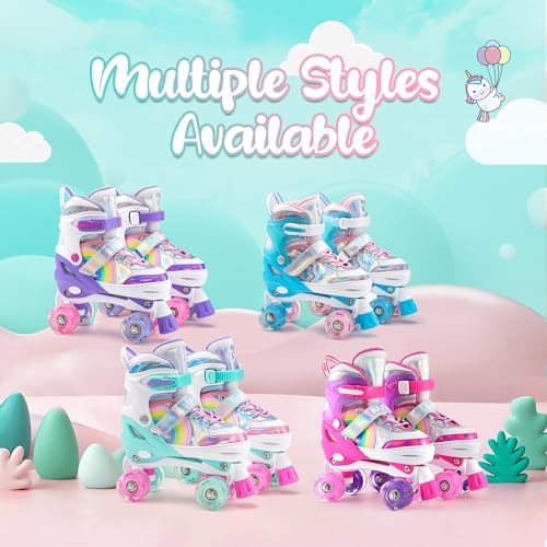 SULIFEEL Rainbow Unicorn 4 Size Adjustable Light up Roller Skates for Girls Boys for Kids
