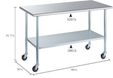 ROCKPOINT Stainless Steel Table for Prep & Work with Caster Wheels 30x60 Inches, NSF Metal Commercial Kitchen Heavy Duty Table with Adjustable Under Shelf and Table Foot for Restaurant, Home and Hotel