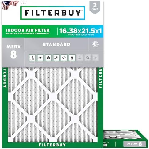Filterbuy 16.38x21.5x1 Air Filter MERV 8 Dust Defense (2-Pack), Pleated HVAC AC Furnace Air Filters Replacement (Actual Size: 16.38 x 21.50 x 0.75 Inches)