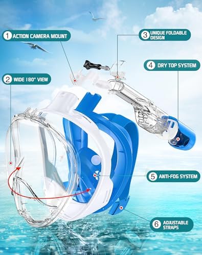 Greatever Full Face Snorkel Mask, Snorkeling Gear for Adults with Latest Dry Top Breathing System and Detachable Camera Mount, Foldable Snorkel Mask Adult, Snorkels Anti-Fog & Anti-Leak