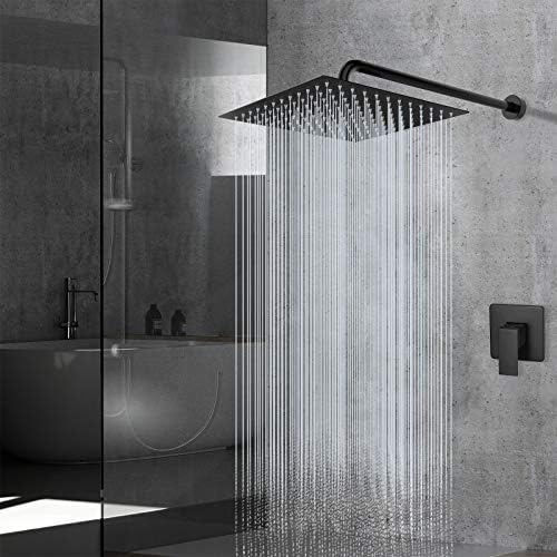 Voolan Rain Shower Head - High Flow Large Rainfall Shower Heads Made of Stainless Steel - Waterfall Bathroom Square Showerhead - Ceiling or Wall Mount (12" Black)