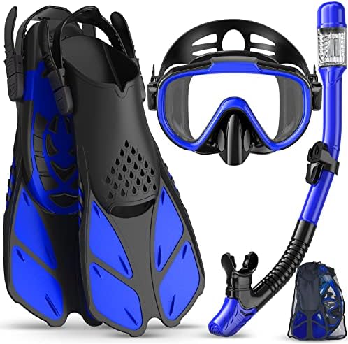 Snorkeling Gear for Adults Men Women,4 in 1 Snorkel Set with Panoramic View Diving Mask Anti-Fog Anti-Leak,Dry Top Snorkel,Fins and Travel Bag for Swimming,Snorkeling and Travel Diving