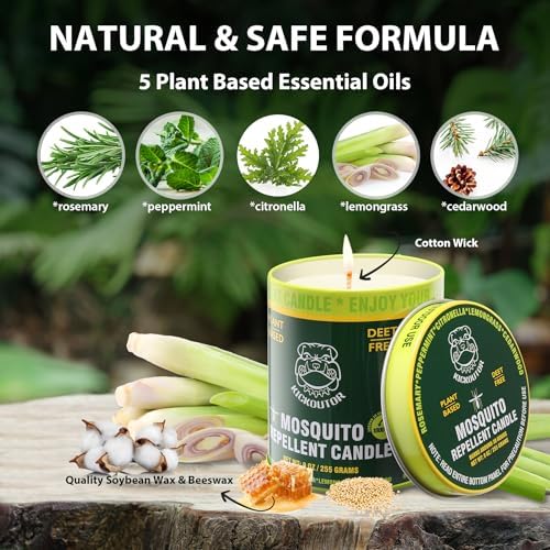 Mosquito Repellent Candles (2-Pack) - 9oz Citronella Candles Outdoor, DEET-Free Bug Control with 5 Essential Oils, 30-Hour Burn for Patio Backyard Camping Room