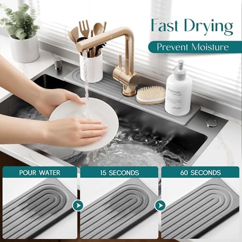 Kitchen Faucet Absorbent Mat - Large Diatomaceous Earth Splash Guard for Sink Faucet, Aesthetic Water Absorbing Stone Tray in The Modern Home [Grey, 23.6" x 5.5"]