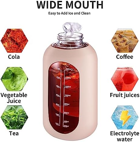 CIVAGO 64 oz Glass Water Bottle Jug with Straw and Handle, Half Gallon Sports Motivational Bottle with Time Marker and 2 Lids, Large Flask Canteen with Silicone Sleeve for Gym, Beige