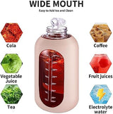 CIVAGO 64 oz Glass Water Bottle Jug with Straw and Handle, Half Gallon Sports Motivational Bottle with Time Marker and 2 Lids, Large Flask Canteen with Silicone Sleeve for Gym, Beige