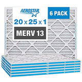 Aerostar 20x25x1 MERV 13 - 6 Count - Pleated HVAC, Furnace & Air Conditioner Filters - Removes Bacteria, Dust, Cold & Flu Germs, Lint, Mold, Pet Dander, Allergy-Causing Pollen, Smog, Smoke & Viruses