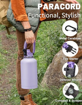 Half Gallon Water Bottle Insulated - 64 oz Water Bottle with Carrying Sleeve, Paracord Handle, Straw Spout Lid, Leak-proof Metal Hydro Water Jug for Workout Sport Hiking Gym, Purple Big Flask Thermo