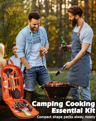 Camping Cooking Set - Camping Utensil Set Car Camping Cooking Essentials Gear for Camp Kitchen Cooking and Grilling, Stainless Steel & Silicone Ideal Gift for RV Tent Camper, Picnics, BBQs