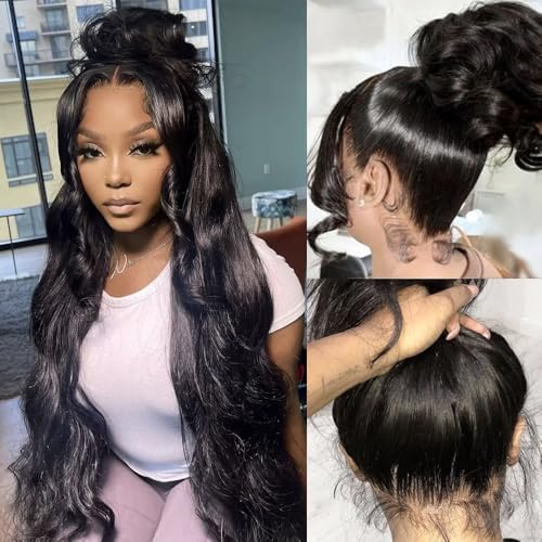 Kloiynj 360 Lace Front Wig Human Hair - 220% Density Body Wave HD Brazilian Virgin Full Lace Wig for Women - 28 Inch Pre-Plucked With Baby Hair - Natural Color