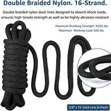 Dock Lines - 3/8" x 15' Double Braided Nylon Boat Dock Ropes with 12" Eyelet - Marine-Grade - 4 Pack (Black)