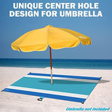 Blue Beach Blanket with Umbrella Hole 7ftx5ft- Water Resistant, Sandproof, Lightweight, Rip-Stop Nylon with Umbrella Hole & Sand Pockets, Camping Essentials, Beach Canopy Compatible