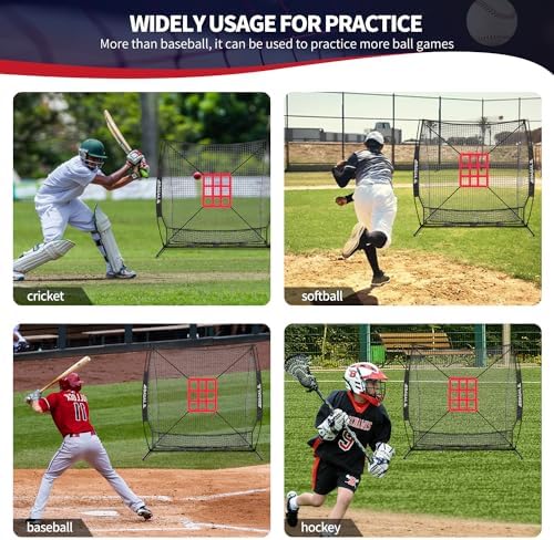 BAGAIL 7x7 ft Baseball & Softball Practice Net with Bow Frame for Batting, Hitting, Pitching, Portable Baseball Throwing Net with 2 Strike Zone Batting Tee, Carry Bag, Great for All Levels