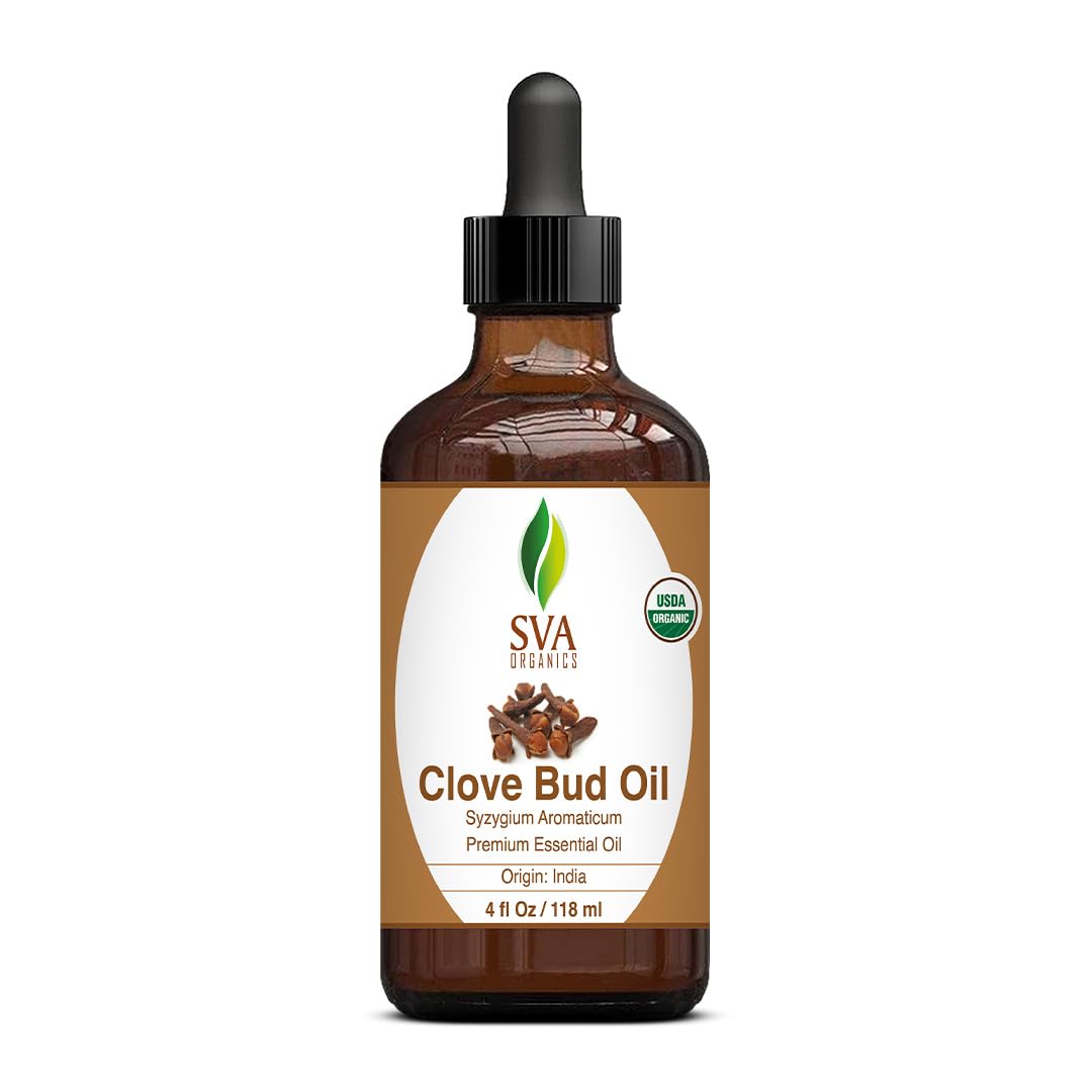 SVA Clove Essential Oil Organic – 4 Fl Oz – 100% Natural Organic Clove Oil - for Diffuser, Hair Care, Face, Skin Care, Aromatherapy, Scalp and Body Massage, Soap and Candle Making - with Dropper