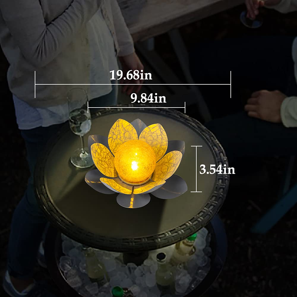 Huaxu Garden Solar Light Outdoor, Amber Crackle Globe Glass Lotus Decoration, Waterproof Gray Metal LED Flower Lights for Patio,Lawn,Walkway,Tabletop,Ground…