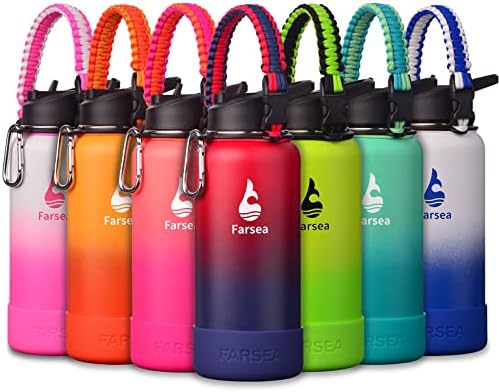 Farsea Insulated Water Bottle With Paracord Handle, Protective Silicone Boot and 2 Lids (Straw Lid & Spout Lid), Stainless Steel Water Bottle Wide Mouth, Double Wall Sweat-Proof BPA-Free, 32 oz
