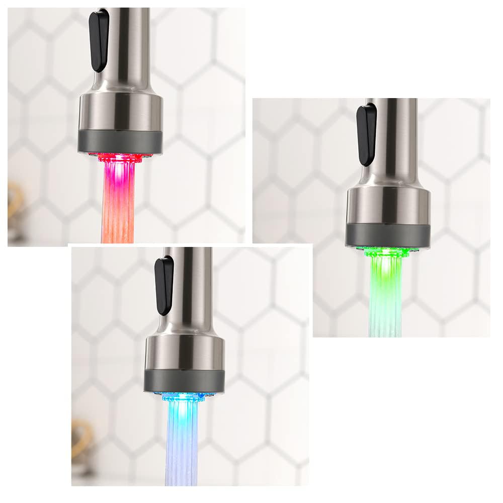 LED Light Kitchen Faucet with Pull Down Sprayer Sus304 Stainless Steel Industrial Single Handle Faucet for Farmhouse Camper Laundry Utility Rv Wet Bar Sinks Brushed Nickel 9003SN