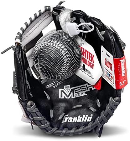 Franklin Sports Kids Baseball Glove + Ball Sets - Meshtek Youth Teeball Gloves for Kids + Toddlers - Left + Right Hand Throw Mitts + Glove Sets with Foam Balls - Boys + Girls Gloves - 9.5" Inch