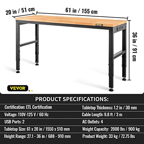 VEVOR 60" Adjustable Workbench, Heavay Duty Workstation 2000 LBS Load Capacity, with Power Outlets & Rubber Wood Top & Metal Frame & Foot Pads, for Workshop Office Home Garage