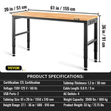 VEVOR 60" Adjustable Workbench, Heavay Duty Workstation 2000 LBS Load Capacity, with Power Outlets & Rubber Wood Top & Metal Frame & Foot Pads, for Workshop Office Home Garage