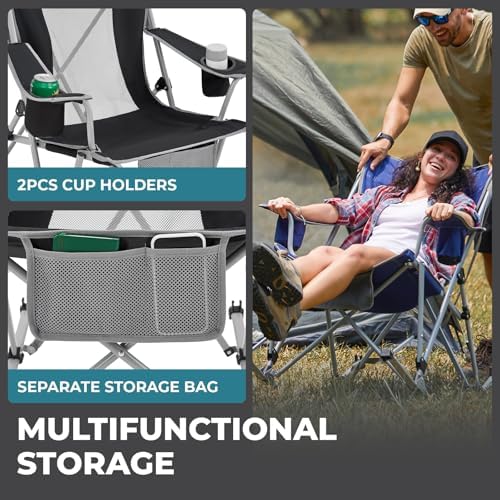 FUNDANGO Rocking Camping Chair, 2 Pack High Mesh Back Portable Folding Camp Chairs with Pillows, Cup Holder and Carry Bag for Lawn Patio Garden Outdoor Supports 300 Lbs (Black/Grey)