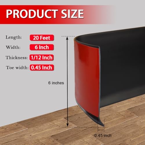 Vinyl Wall Base Baseboard Molding Trim 6" Flexible Self Adhesive Rubber Wall Base Moulding Trim Peel and Stick Design, 6 Inch x 20 Feet, Black
