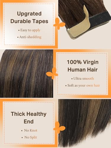 DOORES Tape in Hair Extensions Human Hair, Balayage Dark Brown to Chestnut Brown 50g 20pcs 18 Inch, Human Hair Extensions Natural Hair Extensions Remy Straight Hair Skin Weft