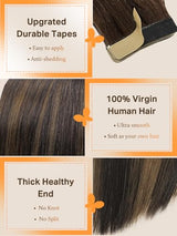 DOORES Tape in Hair Extensions Human Hair, Balayage Dark Brown to Chestnut Brown 50g 20pcs 18 Inch, Human Hair Extensions Natural Hair Extensions Remy Straight Hair Skin Weft