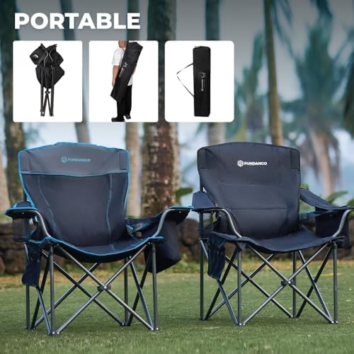 FUNDANGO Oversized Camping Chair for Adults, 550 Lbs Portable Folding Beach Fishing Lawn Chair with Cushion seat & Back, 4-can Cooler&Cup Holder, Carry Bag Included for Outdoor (Black)