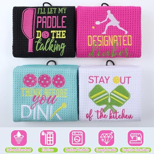 Hosuly 4 Pieces Funny Dinkball Towels Microfiber Cotton Athletic Towels with Clip Embroidered Gift for Men Women Dinkball Lovers(Women,Elegant)