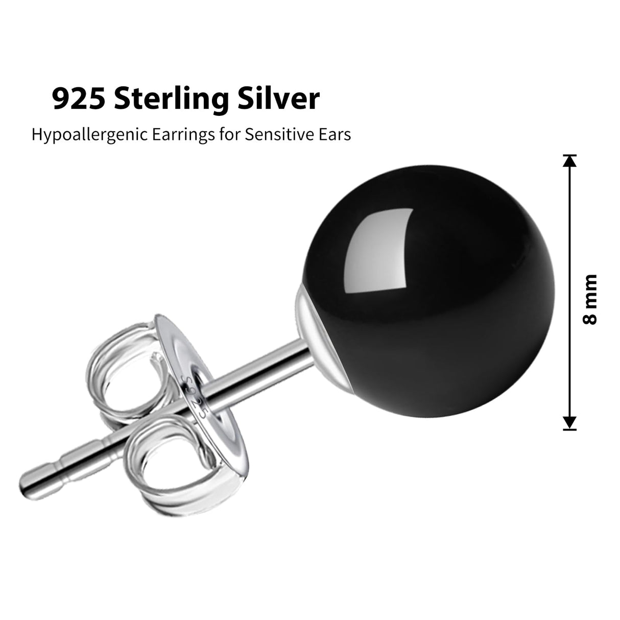 8mm Black Pearl Stud Earrings for Women - Sterling Silver - 0 Allergies