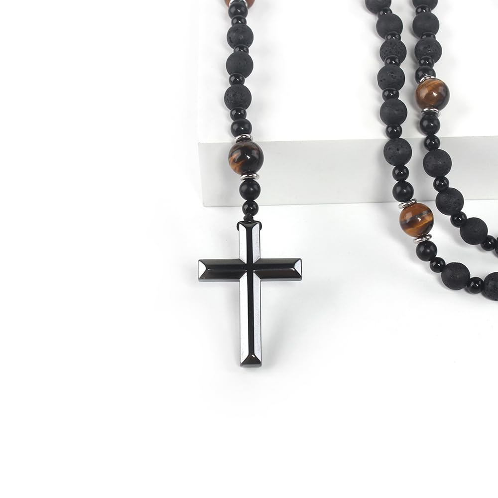Rosary Necklace for Men, Black Catholic Rosary, Lava Rock Tiger Eye Beads Cross Necklace, Rosarios Catolicos Para Hombre (B)