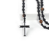 Rosary Necklace for Men, Black Catholic Rosary, Lava Rock Tiger Eye Beads Cross Necklace, Rosarios Catolicos Para Hombre (B)