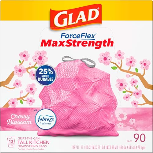 Glad Tall Kitchen Trash Bags 13 Gallon, MaxStrength Cherry Blossom Garbage Bags, Drawstring, 90 Count