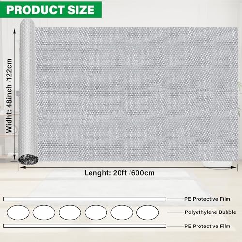 winemana Window Insulation Roll, 48IN x 20FT Reflective Heat Shield Bubble Film, Double-Sided Aluminum Foil Insulation, Weatherproof Garage Door Cover for Windows, RV, Basement, Winter & Summer