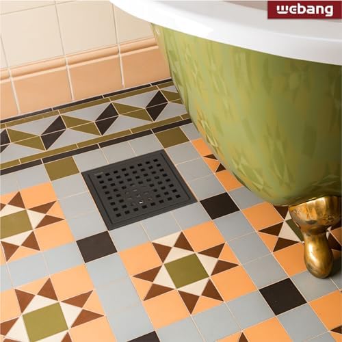 6 Inch Square Shower Floor Drain with Flange,Quadrato Pattern Grate Removable,Food-Grade SUS 304 Stainless Steel,Watermark&CUPC Certified,Matte Black