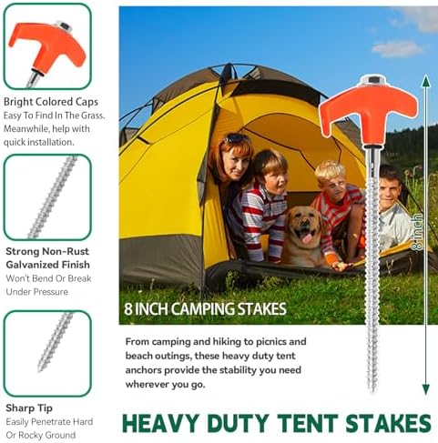 20 Pack 8" Screw in Tent Stakes for Drilling with Hex Heads - Heavy Duty Stainless Steel Tent Pegs/Nails/Spikes, Ground Anchors, Grow in Dark - for Camping, Grassland, Portable Box (Orange)