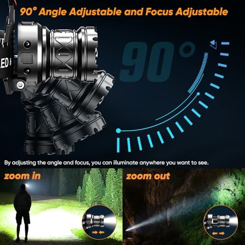 Rechargeable Headlamp Super Bright, Motion Sensor LED Head Lamp with 9 Modes, Zoomable Super Bright Headlamp for Adults 90° Adjustable, IPX7 Waterproof High Power Headlamps for Fishing Camping