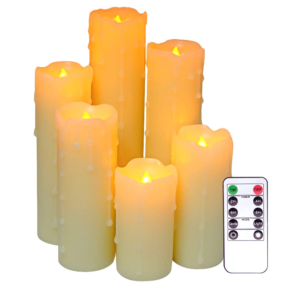 DRomance Flameless Flickering Candles Battery Operated with Remote and Timer, Set of 6 Dripping Wax LED Pillar Candles Halloween Christmas Holiday Indoor Decor(Ivory, 2.2 x 4-9 Inches)