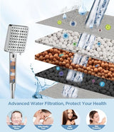 Filtered Shower Head - 6 Modes High Pressure Handheld Shower Head with Filter Mineral Beads, Detachable Handheld Showerhead Set with Stainless Steel Hose and Shower Arm Bracket
