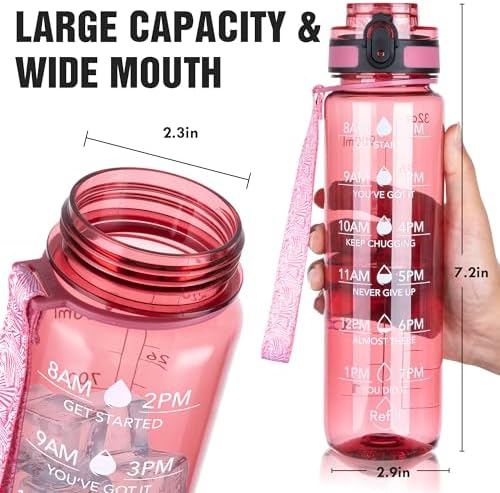 OLDLEY Water Bottle, 32oz Motivational Sports Water Bottle with Time Marker - Times to Drink - Tritan, BPA Free, Wide Mouth Leakproof,Clear Red