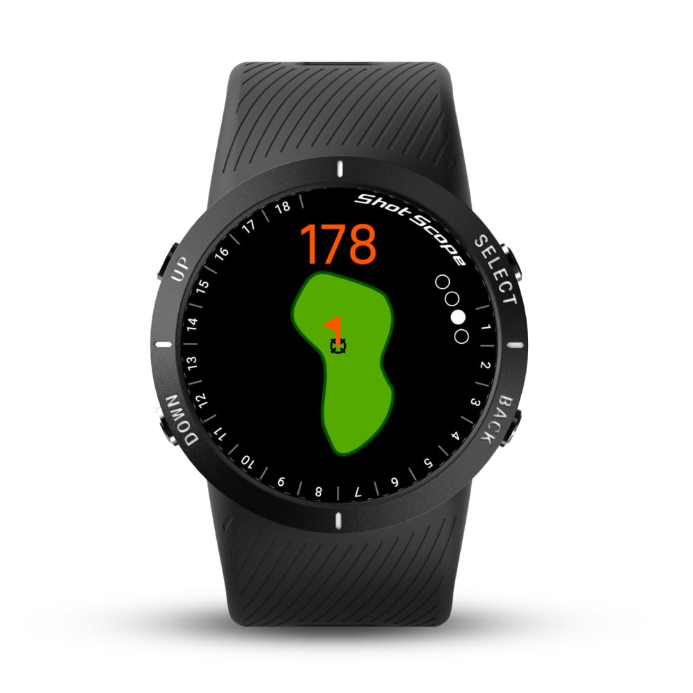 Shot Scope V5 GPS Watch, Shot Tracking, 36k+ Preloaded Courses, Full Course Maps, No Subscription, Black Bezel and Black Strap