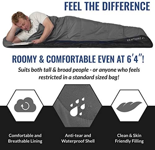 VENTURE 4TH Backpacking Sleeping Bag – XXL, Double and Single Sizes - Lightweight Warm & Cold Weather Sleeping Bags for Adults, Kids & Couples – Ideal for Hiking, Camping & Outdoor Adventures